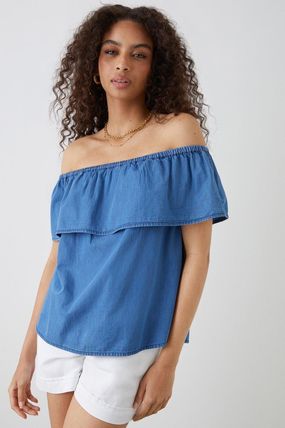 Denim Frill Bardot Top